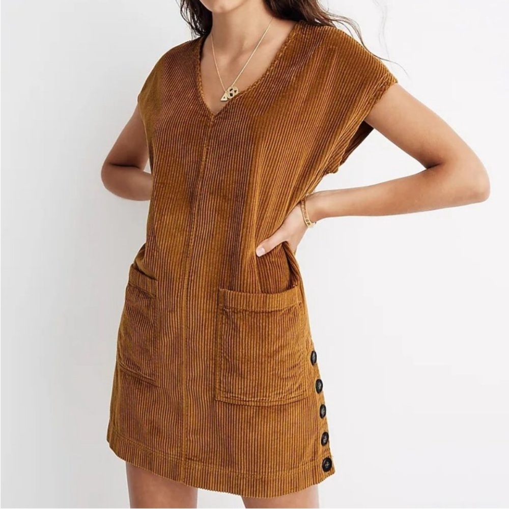 Madewell Corduroy Side-Button Shift Dress in Antique Gold